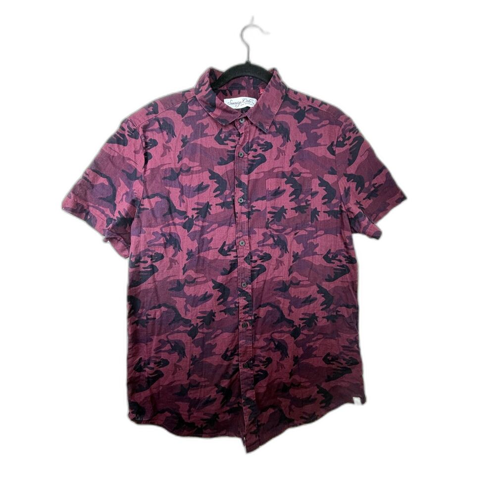 Camo Short Sleeve Casual Button Up Shirt Mens Size L Burgundy Sovereign Code